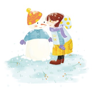 冬季冬天节气冬装卡通雪人和小女孩插画