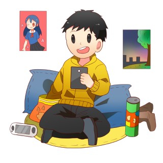 手绘宅男玩手机插画