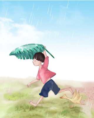 夏季雨中奔跑的小男孩背景